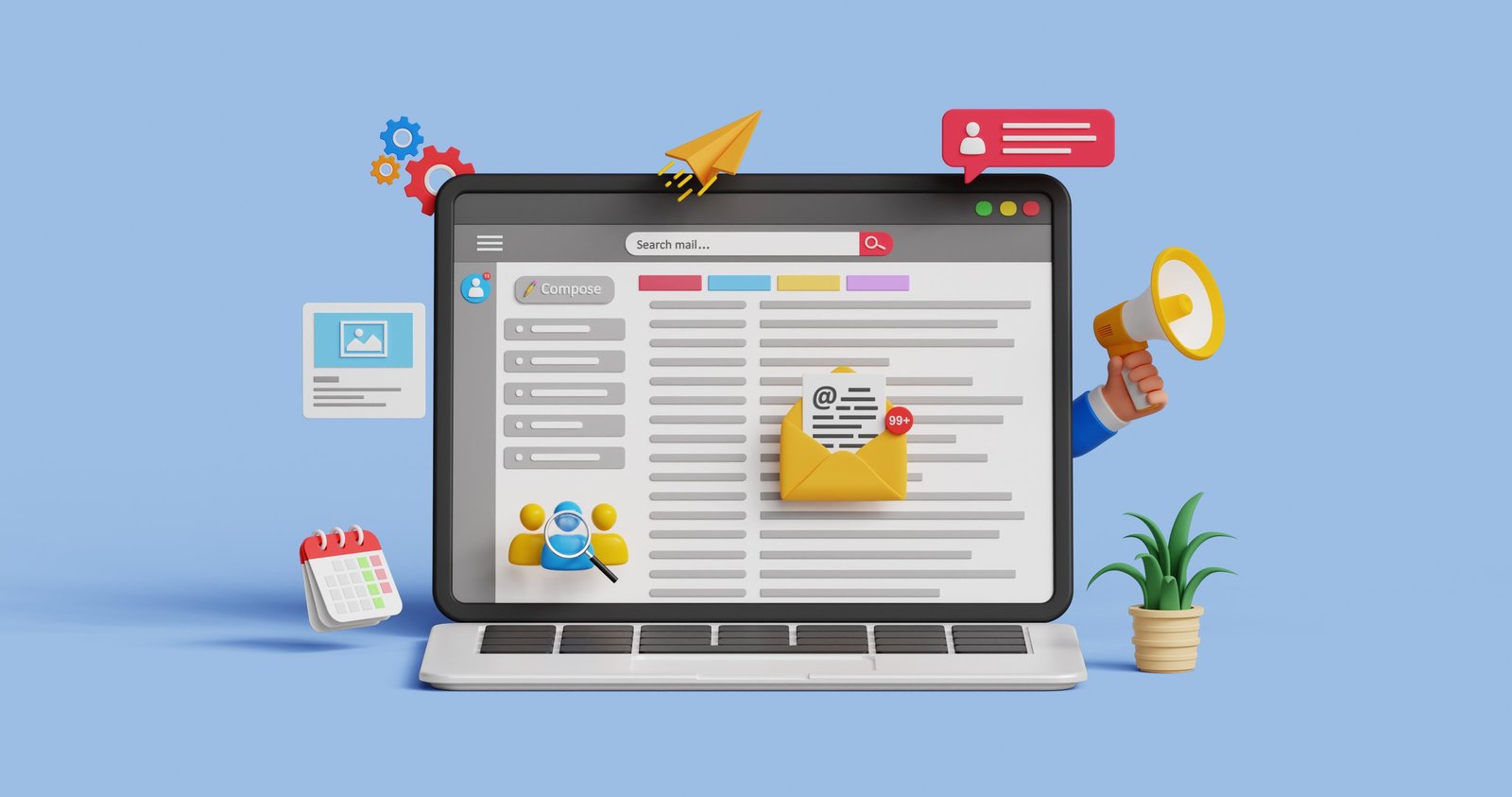 Email marketing, email automation, marketing automation. Customer engagement, retention, loyalty. Business e-mail communication and digital marketing. 3D laptop with emails inbox and marketing icons